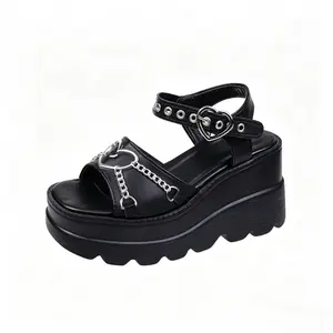 Edgy Black Platform Sandals | Heart-Shaped Buckle & Chain Accents | Punk Style Wedge Sandals