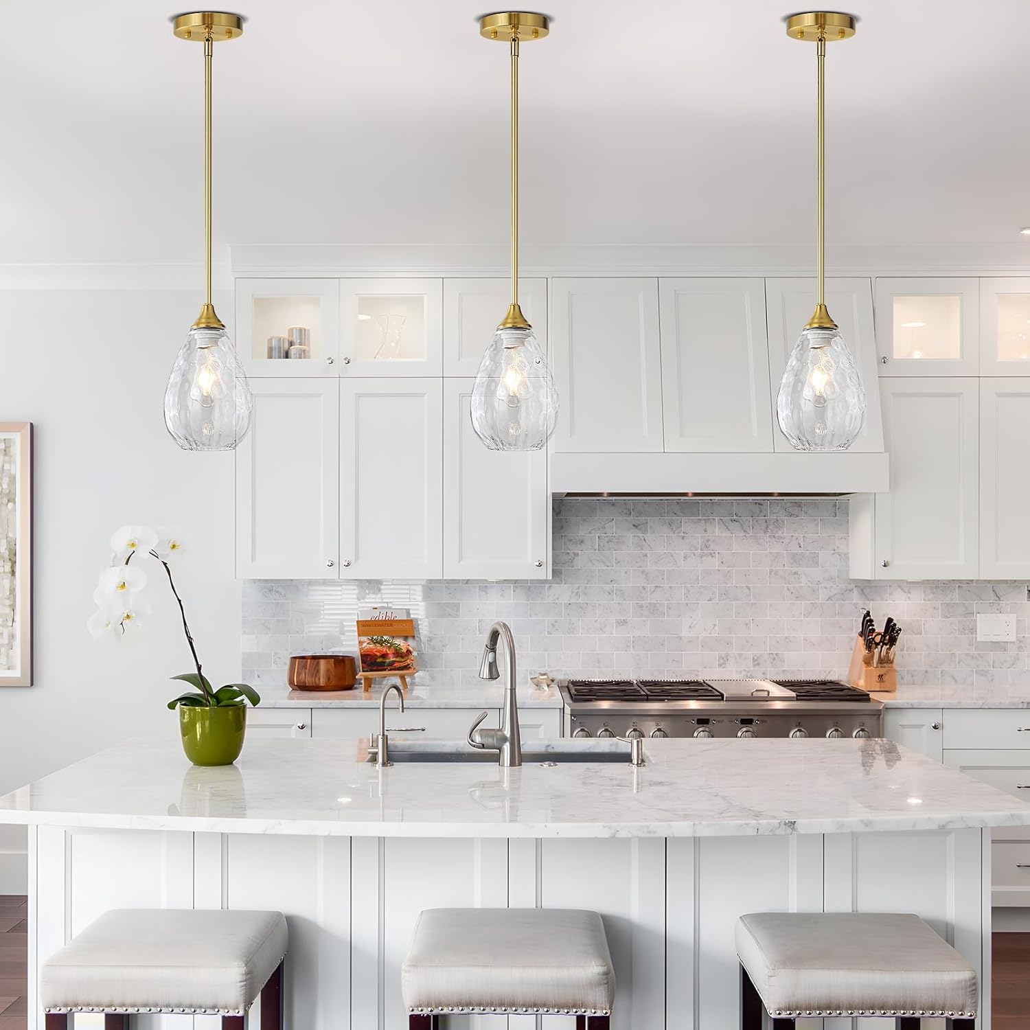 Glass Pendant Lights Kitchen Island, 1-Light Modern Brushed Gold Fixtures with Hammered Glass & Rods Small Hanging Light for Kitchen Sink Dining Room Bathroom