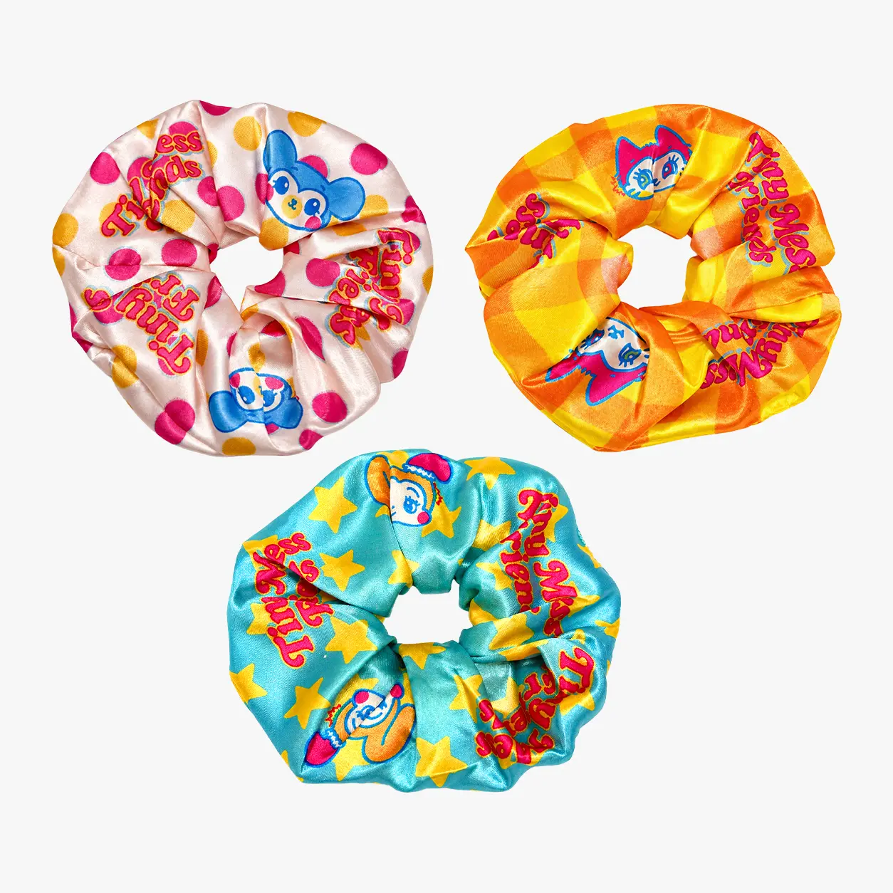 3Pack Satin Hair Scrunchies for Women Girls | Cute Character Satin Hair Ties No Damage Soft Hair Scrunchie for Styling Kawaii Aesthetic Accessories by Tiny Mess Friends