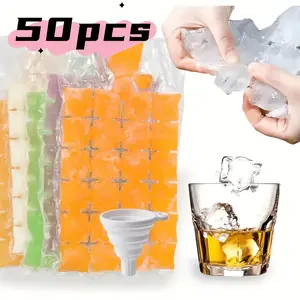 50 pieces of disposable ice packs with self-sealing caps, equipped with a funnel, food-grade leak-proof ice container. Suitable for use in refrigerator refrigeration, beverage making and party settings.