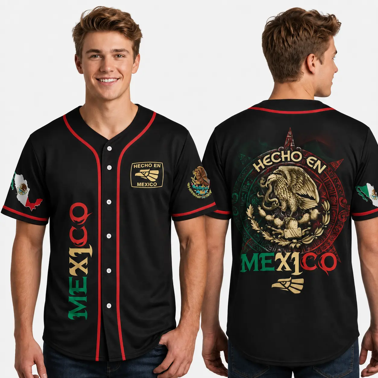 Hecho En Mexico Baseball Jersey, Black Button Up Shirt, Mexican Pride Cinco Mayo Party Gift for Men Women
