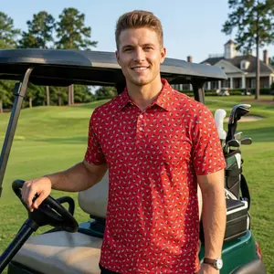 Red Performance Polo for Men – All Over Bulldog Print Breathable Golf Shirt, Perfect outdoor for men