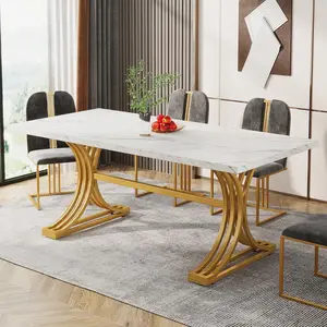 63 Inch Rectangular Dining Table for 4-6 People, Modern Faux Marble Top Kitchen Table with Stylish Metal Legs, White and Gold Minimalist Dinner Table for Kitchen Dining Room Home Decor