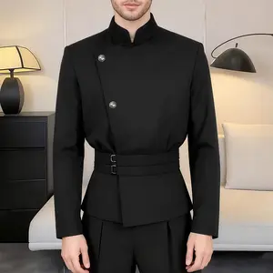 INCERUN Men's Cosplay Tunic Jacket Steampunk Gothic Stand Collar Asymmetrical Button Long Sleeve Slim Fit Belted Coat for Party Stage Performance