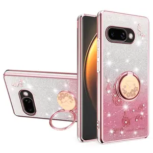 Gradient preserved flower + matching stand suitable for Google Pixel 9, Google 9 Pro stylish versatile phone case, Google Pixel 9 Pro XL gradient glitter phone protective case, Google Pixel 9A premium shockproof protective case Cover