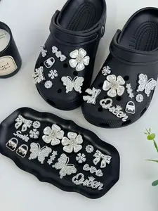 16-Piece Shoe Decoration Set, Silver Color Rhinestone Elegant Design, Butterfly Flower Queen Fun Decorations, Girl Fashion Accessories