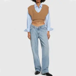 V-Waisted Sexy Jeans Straight Leg Mid Rise Jeans With Gold Waist Chain Trendy Jeans AX Wang