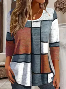 Plus Size Women's Colorblock Long Sleeve T-Shirt, Round Neck, Casual Loose Fit Geometric Print Top, Comfortable Fashion Streetwear Tee for Daily Wear Womenswear Clothes Fitted