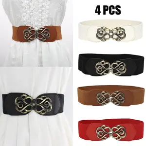 4 Pack Women Wide Elastic Waist Belt for Dress Vintage Stretch Cinch Belt Retro Buckle,Fashion Accessories(Black+Brown+Deep Beige+Red)