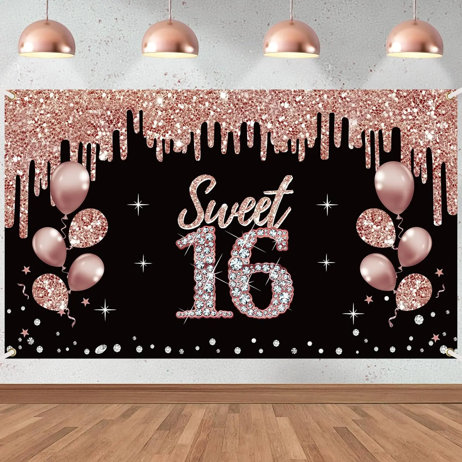 Happy 16th Birthday Decorations Banner for Girls, Rose Gold Sweet 16 Birthday Theme Sign Party Supplies, Sixteen Year Old Bday Background Photo Booth for Indoor Outdoor Daughter Ornaments