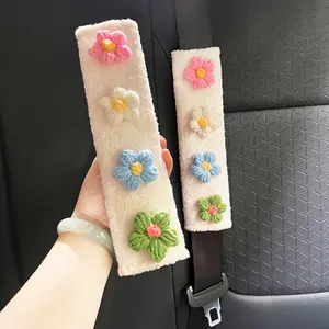 2pcs Automobile Safety Belt Cover Hyuna Flower Plush Shoulder Pad Personality Creative Car Accessory decor car seat decoration gadget car  essentials universal grip cover wheel cover protector car  lumbar  pillow decor gadget