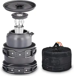 ROVSUN 10pcs Camping Cookware Mess Kit, Lightweight Non-Stick Pot Pan Kettle Set w/Stainless Steel Cup Fork Knives Spoons for Open Fire, Camping, Picnic, Backpacking, Outdoor Cooking