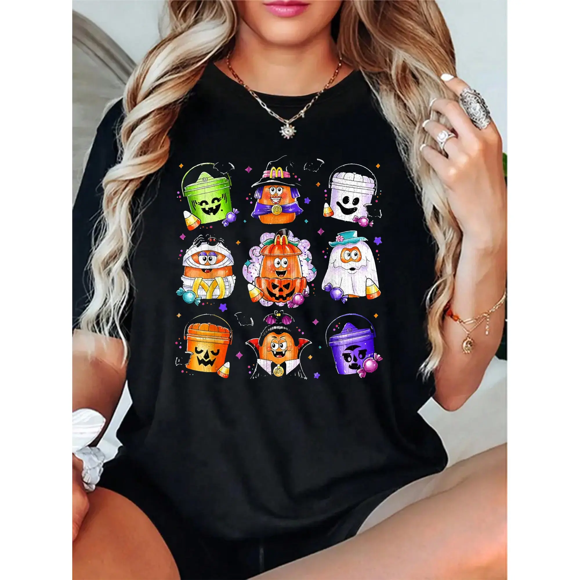 Women's 100% Cotton Graphic T-Shirt - 90's Vintage, Chicken Nuggets & Pumpkin Halloween Print, Casual Everyday Streetwear Top, Tshirt