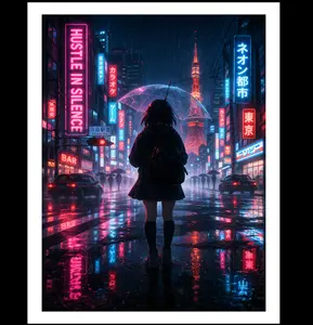 Hustle In Silence Poster – Cyberpunk Anime City Wall Art, Neon Tokyo Aesthetic Print, Motivational Street Decor