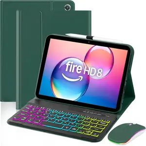 Case with Keyboard  for  Kindle Fire  8&8 Plus (2020&2022) 8 inch,7 Color Rainbow Backlit Detachable Keyboard  Case for  8 10th/12th Gen-DarkGreen