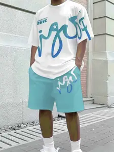 Men's Summer Casual 3D Print Set, Lightweight Polyester, Round Neck, Short Sleeve Shorts, Random Letter Pattern, Dynamic Color Design