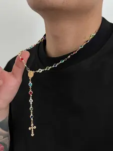 Bohemian Colorful Diamond Cross Pendant Necklace, Statement Necklace, Fashion Jewelry Gift for Men, Casual Elegant Daily Wear Accessory