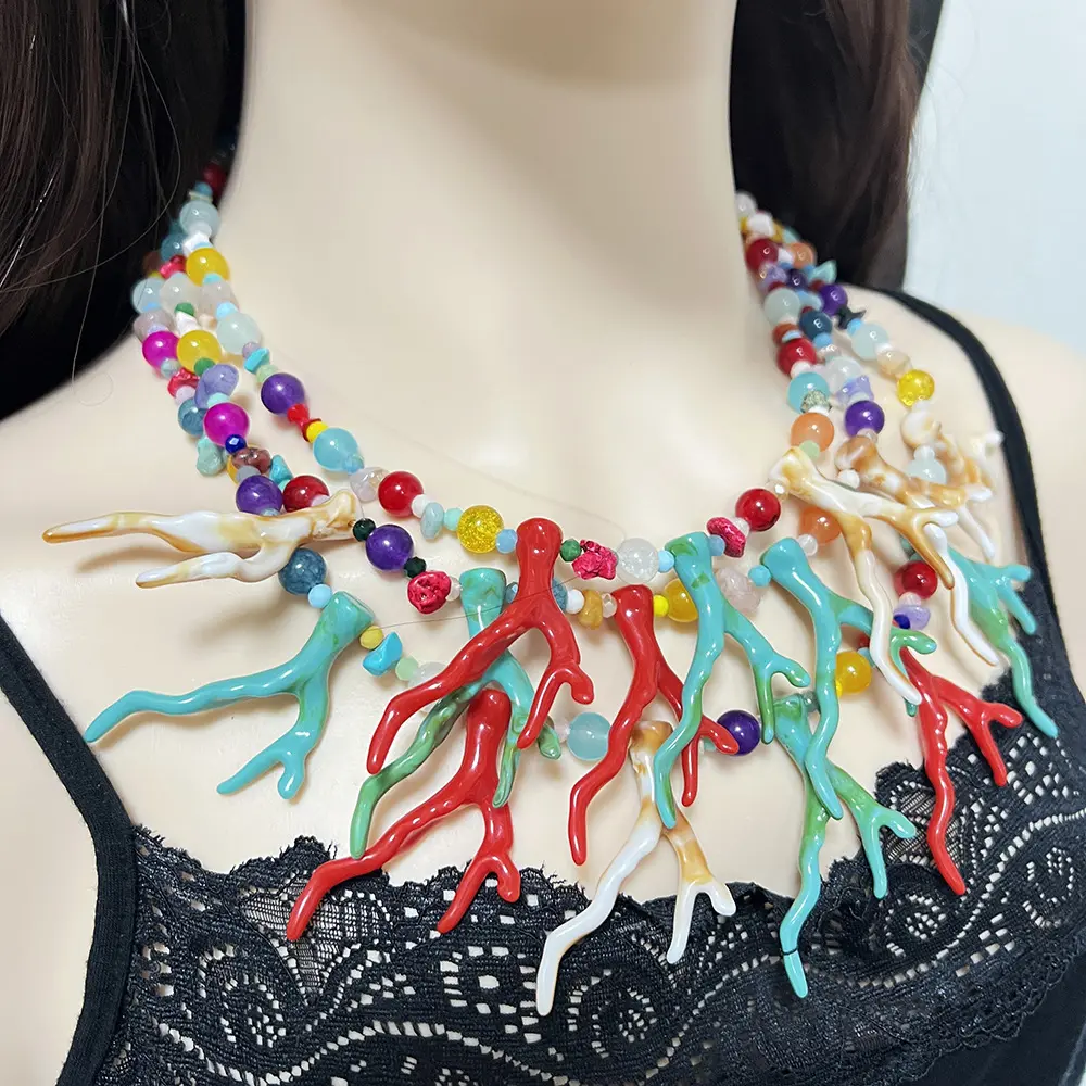 Unique and romantic multi-layered necklace with deer antlers and coral branches, made of natural stone and glass, fashionable and versatile