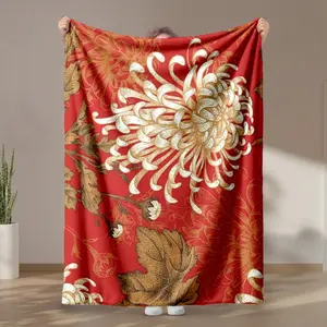 1 piece Chrysanthemum and oak leaf pattern on a red background themed flannel blanket - Oversized fluffy flannel sofa blanket, suitable for beds and sofas, modern design, all-season use, digitally printed pattern, 100% polyester material, machine