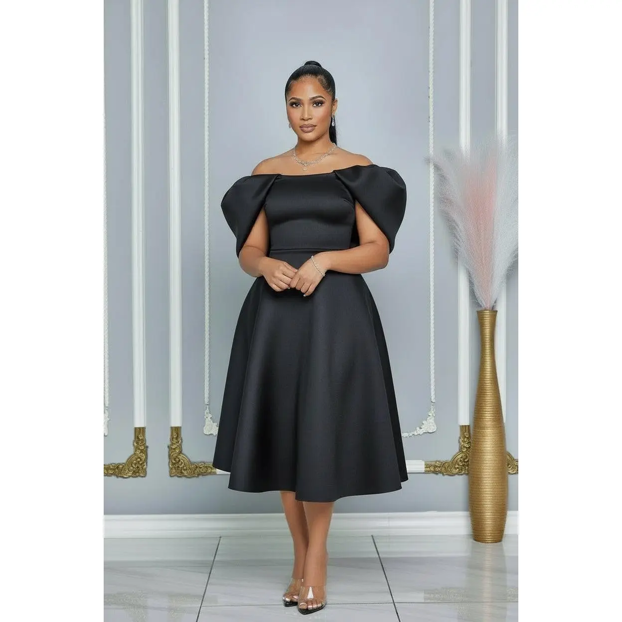 midi one shoulder wedding guest dress Zapaka Women Black Ruched Midi Mother of the Bride Dress with Slit Sheath One Shoulder Appliqued Wedding Guest Dress, Black / US8