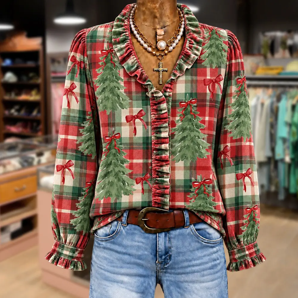 Cherrybetty Mixed Plaid Christmas Tree Print Long Sleeve Blouse Comfort Winter Outfits Women's Clothes Fall Fashion Clothing Outfits For Women