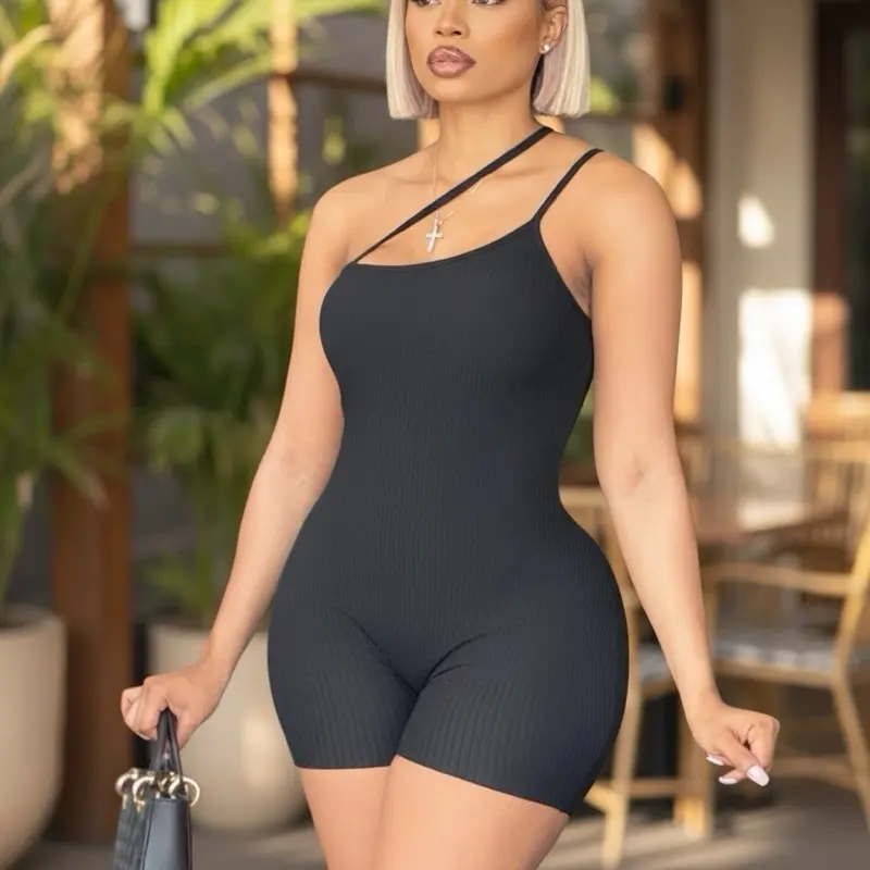 Women's Off-Shoulder Sleeveless Rib-Knit Cotton Bodycon Jumpsuit - Ladies' Sexy Stretchy Style Rompers, Casual Chic Comfortable Overalls for Women Fashion Piece, Jumpsuits For Women, Onepiece Ease