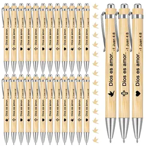 24-Pack Christian Bamboo Ballpoint Pens, Ink, Religious Gift with Dove, Cross & Heart Symbols, Inspirational Bible Study Pens, Ballpoint Pen Set