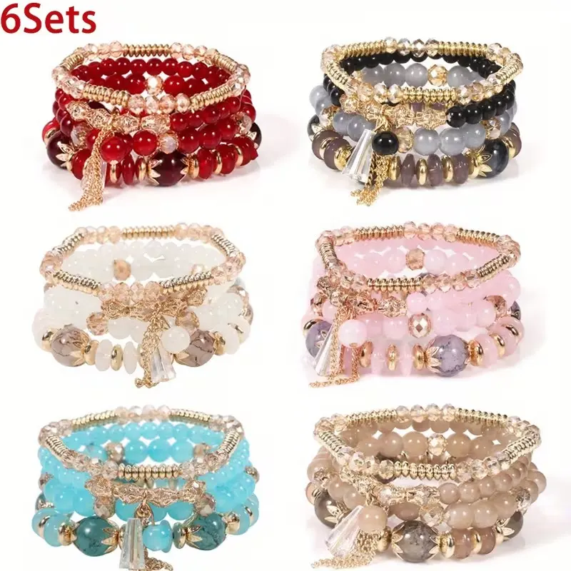 6Sets Bohemian Colorful Faux Agate & Glass Stackable Bracelets, Chain Tassel Detail Stretch Multilayer Stack Beaded Bracelet Set, Charm Summer Beach Boho Jewelry Ideal Party Gift for Women summerwins