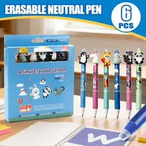 6pcs Animal Erasable Gel Pens, 0.5mm Blue Ink, Retractable with 3D Topper, Smooth Writing, Comfort Grip, Heat Friction Erasable, School Office Supplies