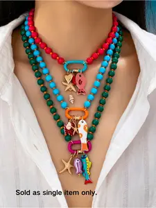 Summer Beach Style Multilayer Beaded Necklace, Colorful Fish and Starfish Pendants, Bohemian Jewelry, Perfect for Vacations and Beach Parties, Trendy Charm Necklaces