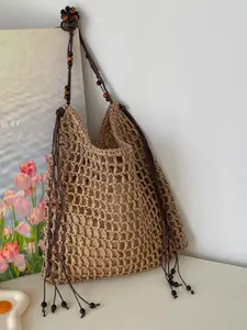 Women's Hollow Drawstring Closure Large Capacity Woven Grass Bag, Essential Beach Accessory for Vacation & Holidays, Fashionable Summer Straw Backpack