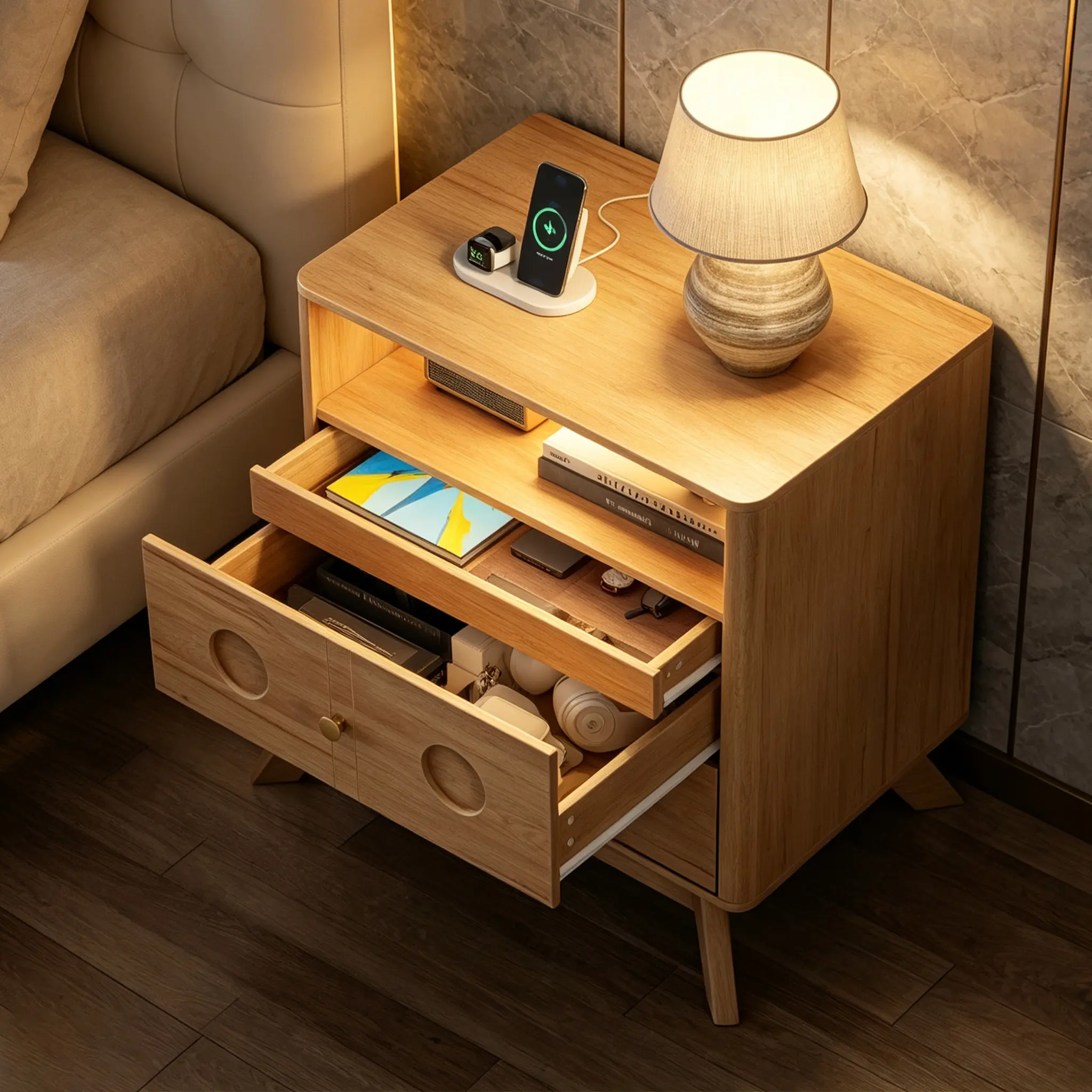 Gyfimoie Nightstand with Charging Station & LED Lights, Modern Natural Oak Bedside Table with Hidden Drawer, 2 Drawers & Open Storage Wood End Table for Bedroom