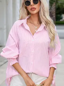 Women's Long Sleeve Button Front Shirt, Casual Loose-Fit Woven Top, Fall & Winter Fashion, Medium Thick Fabric, Multiple Buttons Design