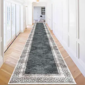 Nordic Style Greek Key Pattern Long Hallway Rug, Washable Balcony Patio Large Area Mat, Soft Comfortable Villa Entrance Runner, Durable Outdoor Carpet, Modern Area Rug