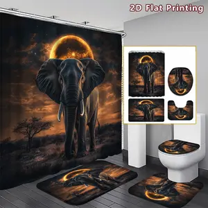 4PCS Majestic Elephant Shower Curtain set, Sunset and Elephant Silhouette Bathroom Decor, Accessories with Bath Mat, U-shaped Mat, Toilet Lid Cover, 12 Hooks 180x180cm Curtain, Safari Aesthetic, Home Decor, bathroom accessories