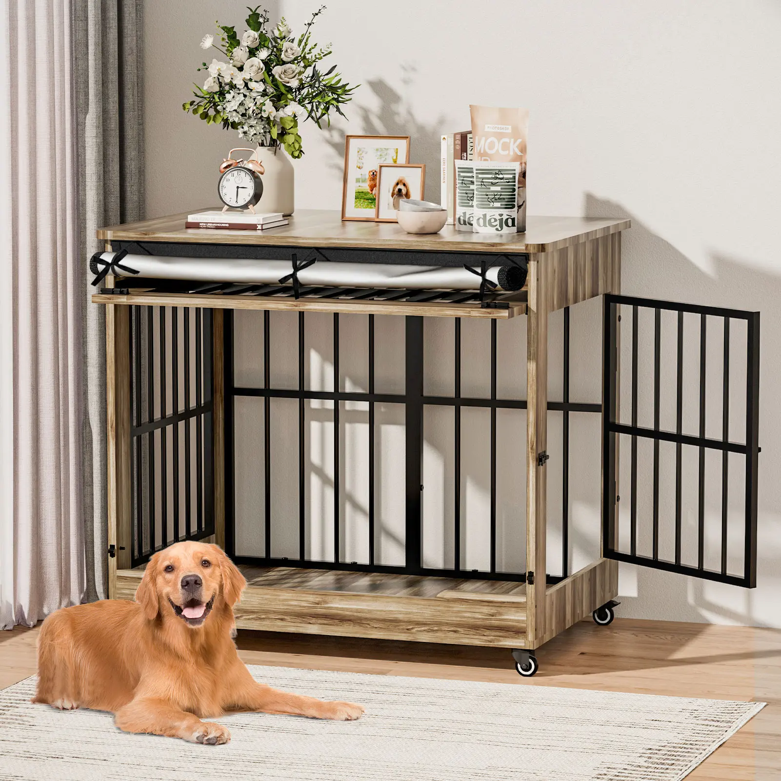 【Summervibes】42" Heavy Duty Indestructible Wooden Dog Crate with Wheels – Double Door Indoor Pet Kennel, Lift-and-Push Front Door, Reinforced Steel Bars for Large Breed Dogs