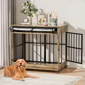 【Summervibes】42" Heavy Duty Indestructible Wooden Dog Crate with Wheels – Double Door Indoor Pet Kennel, Lift-and-Push Front Door, Reinforced Steel Bars for Large Breed Dogs