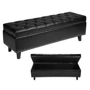 Button-Tufted Storage Ottoman Bench With PU Leather Upholstery And Solid Wood Legs; Black Finish; Space-Saving Design For Living Room, Entryway, Or Bedroom; Hidden Storage Compartment, Comfortable Seating, Durable Construction