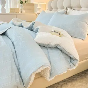 Boho Comforter Set  Size Striped Pleats Bohemian Seersucker Bedding Set  Season Soft Cozy 3 count Quilt with 2 Pillowcases(90"X90" Light Blue)