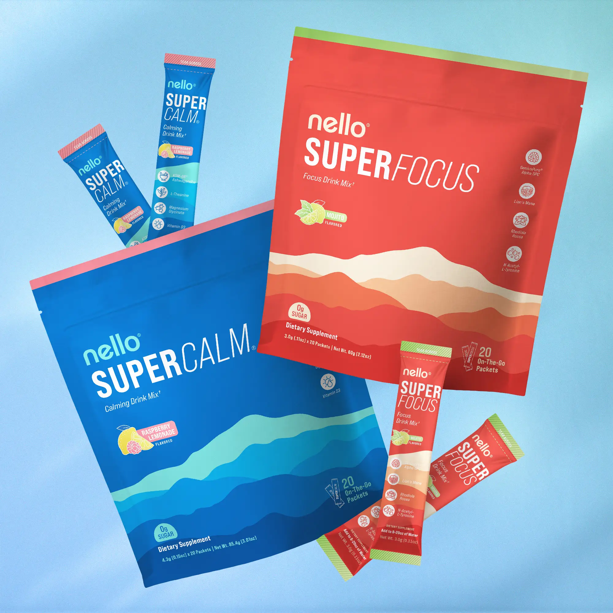 Nello Focus & Calm Super Bundle: 1 Supercalm Travel Packets (Pack of 20) + 1 Sup...