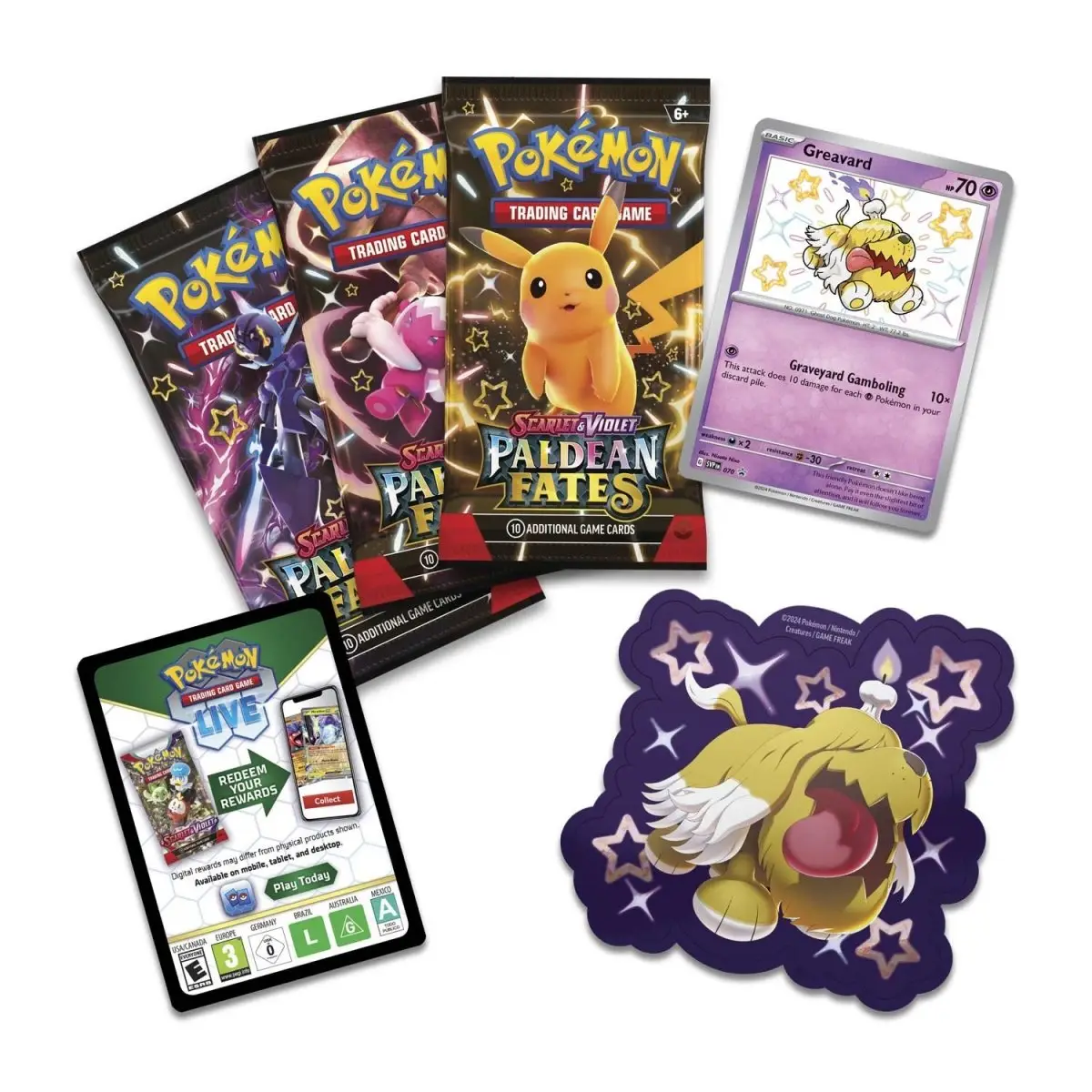 Pokémon TCG: Paldean Fates Booster 3 Pack Sticker Collection - 10 Cards Per Pack - Includes Shiny Pikachu & More - Scarlet & Violet Expansion