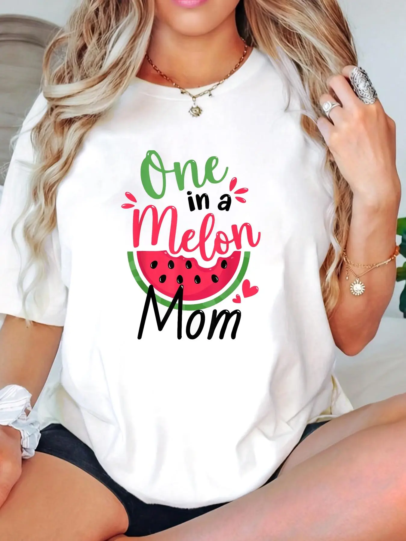 Women's Graphic T-Shirt, 100% Cotton Loose Fit '1 in a Melon' 1st Birthday Top, Casual Fun Style Streetwear for Family Matching, Fits, Jackets, Clothes
