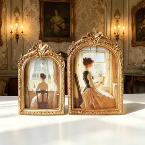 Vintage Gold Arched Picture Frames Set, 4x6 Inch Ornate Baroque Antique Frames with Glass, Tabletop & Wall Mount, Retro Home Decor Art Display Gifts