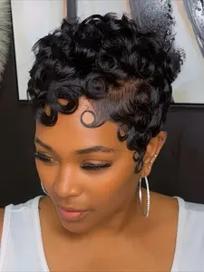 Pixie Cut Curly Wave Premium Human Hair Wig for Women 13x4 Transparent Lace Frontal Human Hair Wig 150% Density Curly Afro Wig Pixie Cut Wigs