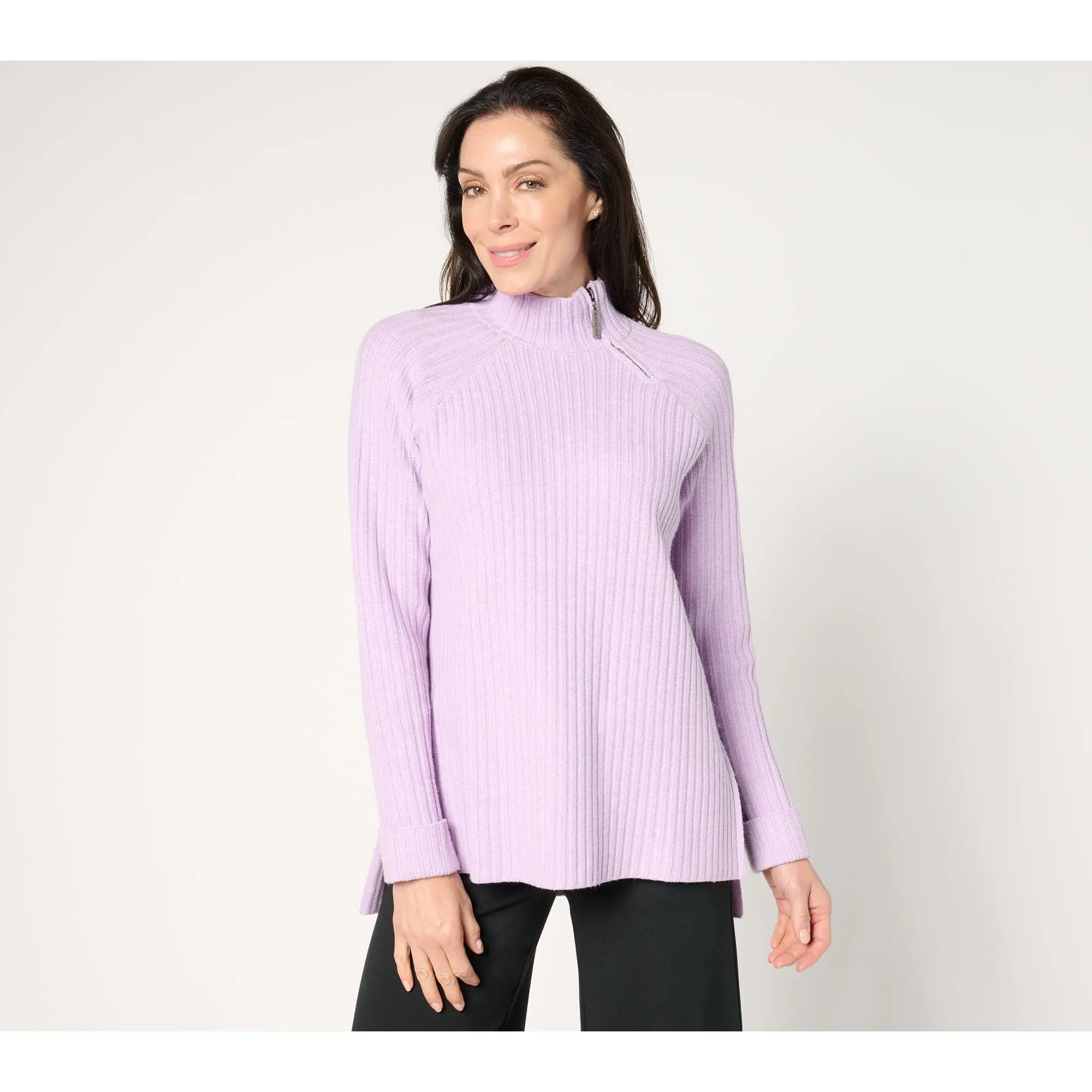 Peace Love World High-Low Ribbed Sweater with Zip Neck Detail Peace Love World High-Low Ribbed Sweater with Zip Neck Detail