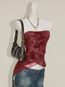 Bohemian Style Flocked Fabric Mesh Panel Asymmetrical Hem Bustier Top