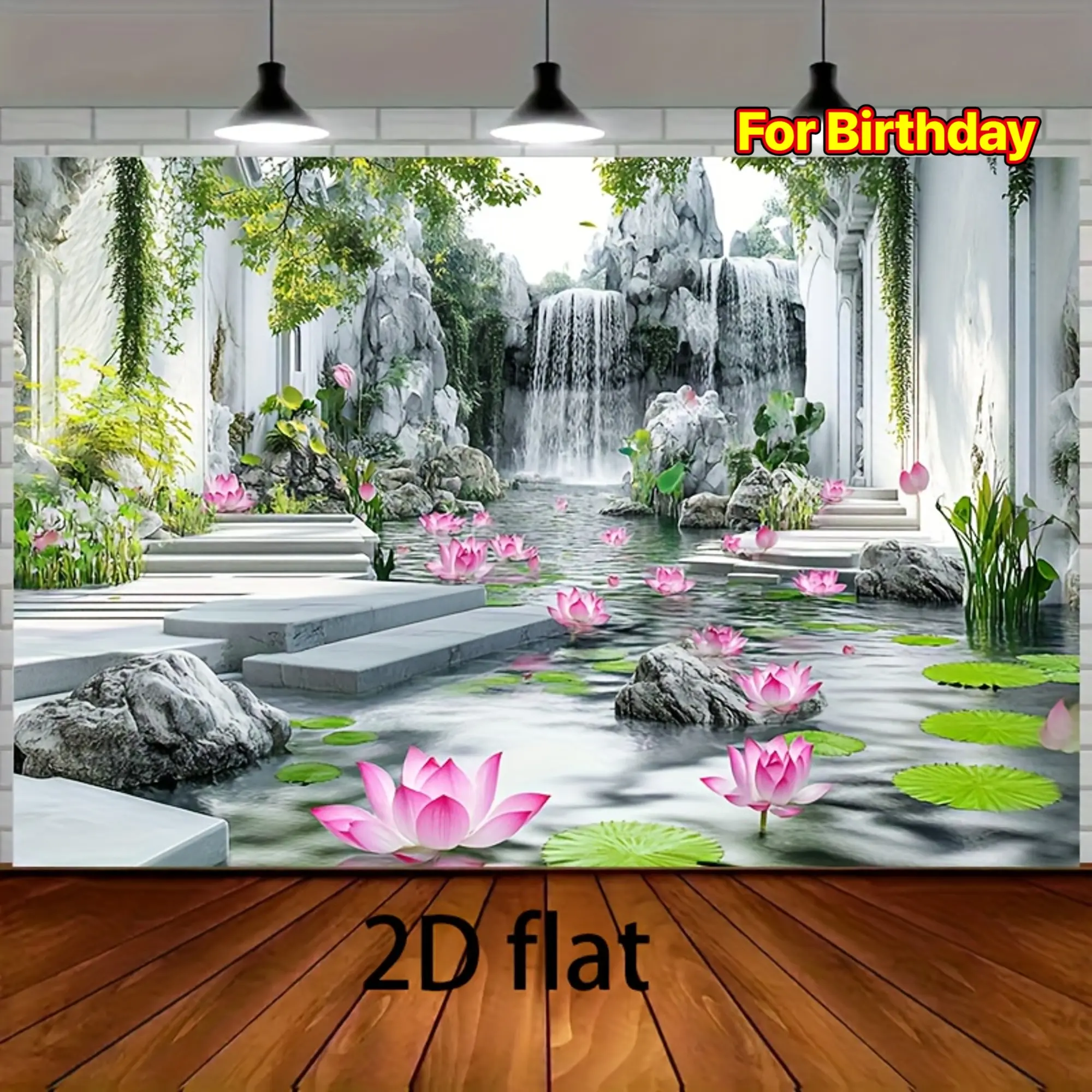1pc Zen Lotus Garden 2D Wall Tapestry - Serene Japanese-Inspired Waterfall & Pink for Lotus Pond Scene, Polyester, Ideal for Meditation or Yoga Spaces, Perfect for Birthday Parties & Home Decor, No Electricity Needed, Multiple Sizes Available, Zen Home De