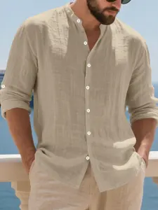 Men's Autumn Linen Shirt, Hawaiian Beach Style Loose-Fit Long Sleeve Casual Top, Lightweight Breathable Fabric for Spring & Fall