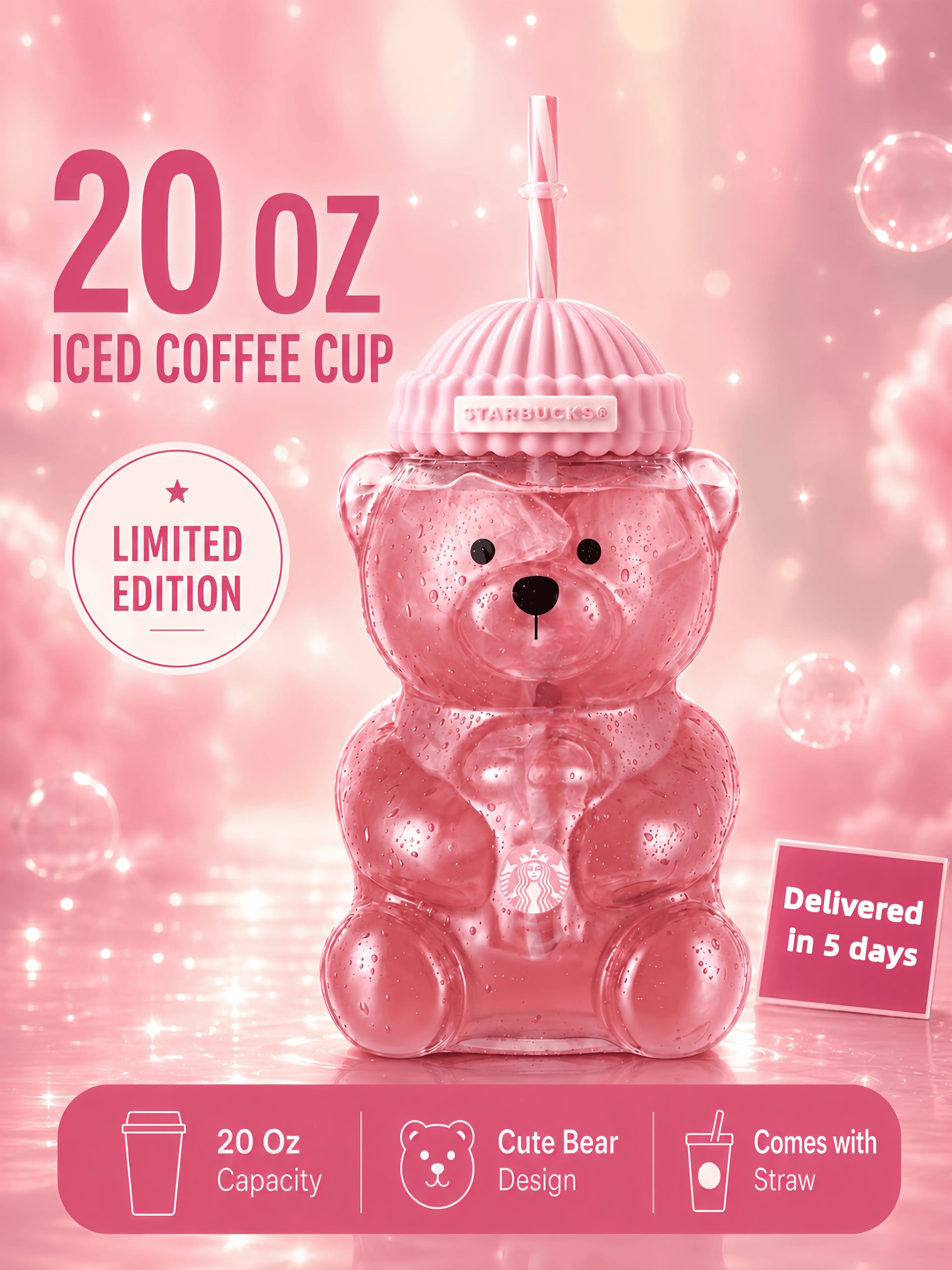 2026 New Limited Edition Pink Bear Glass Cup, 590ml/20oz - Specialty Kitchenware, Ideal Gift Item