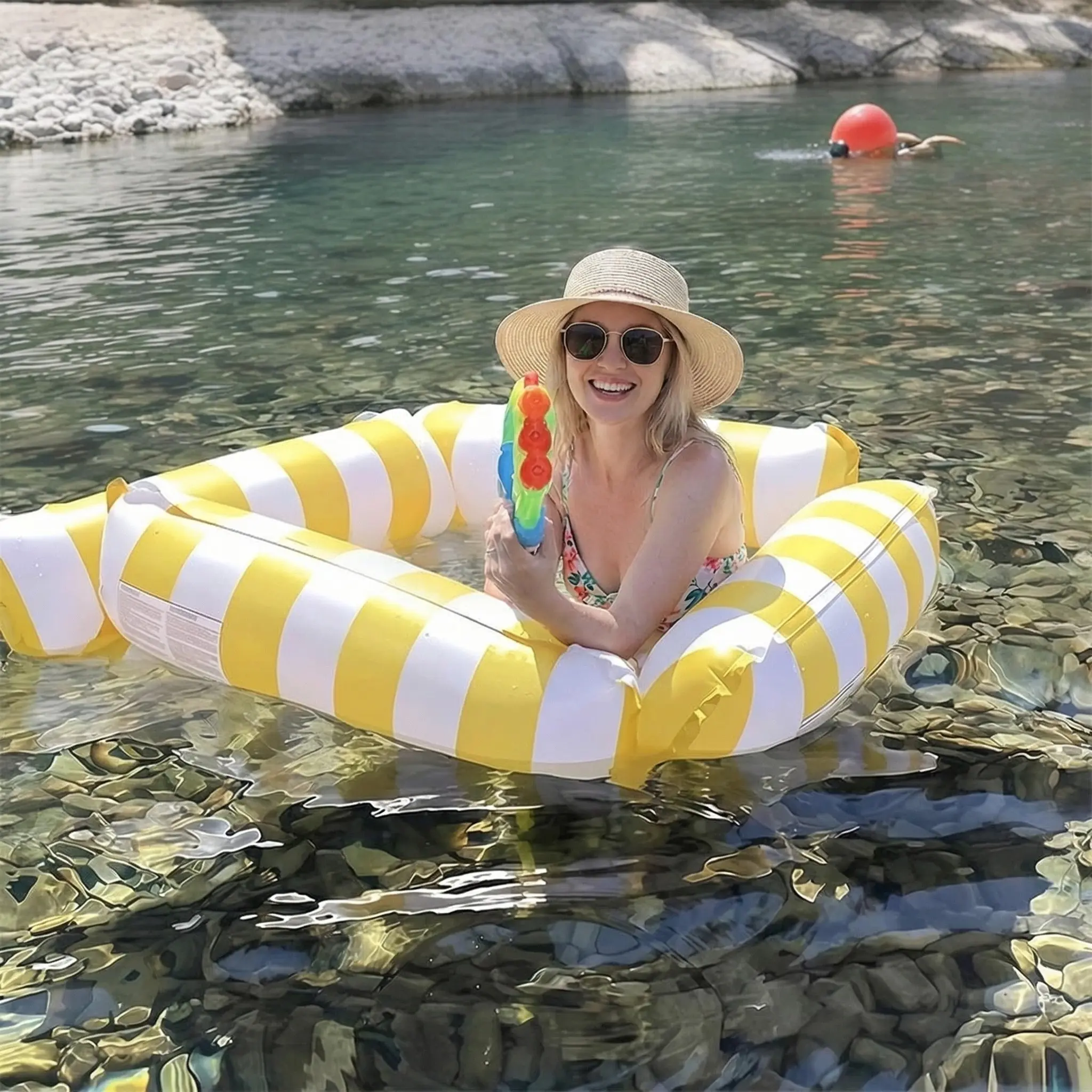 Thick PVC Inflatable Floating Bed, Foldable Swimming Pool Float, Water Sofa Float, Pool Float Chair, Beach Party Lounger, Four-Sided Striped Design, Ideal for Summer Fun